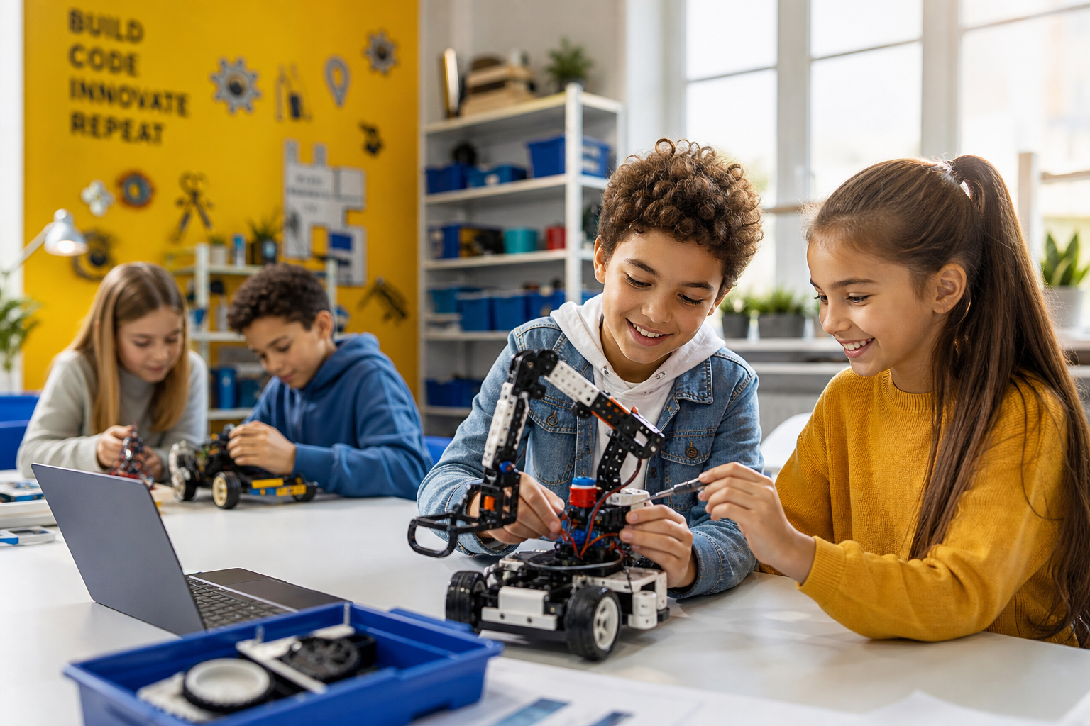 Kids building robots at Beersheva STEM lab